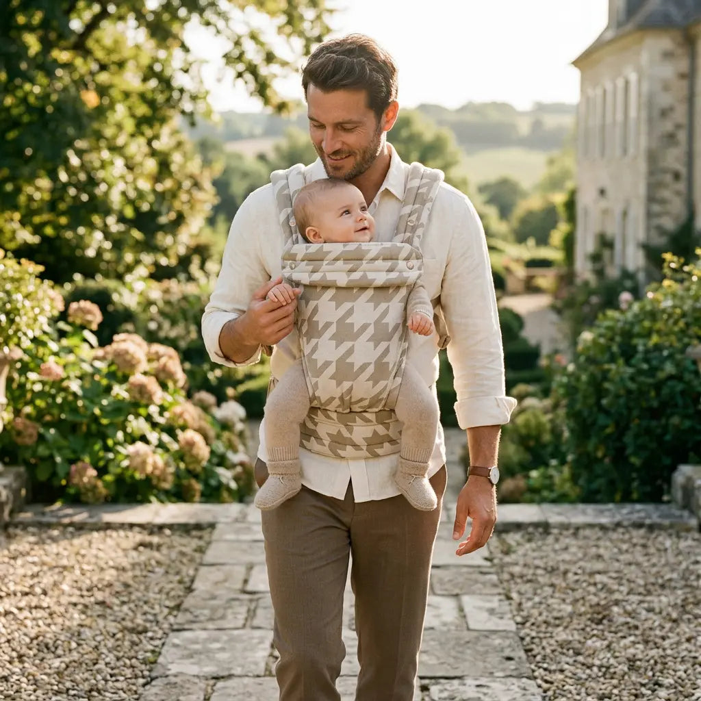 Needella Huggle Hahnentritt Beige Baby Carrier – stilvoll, ergonomisch und alltagstauglich