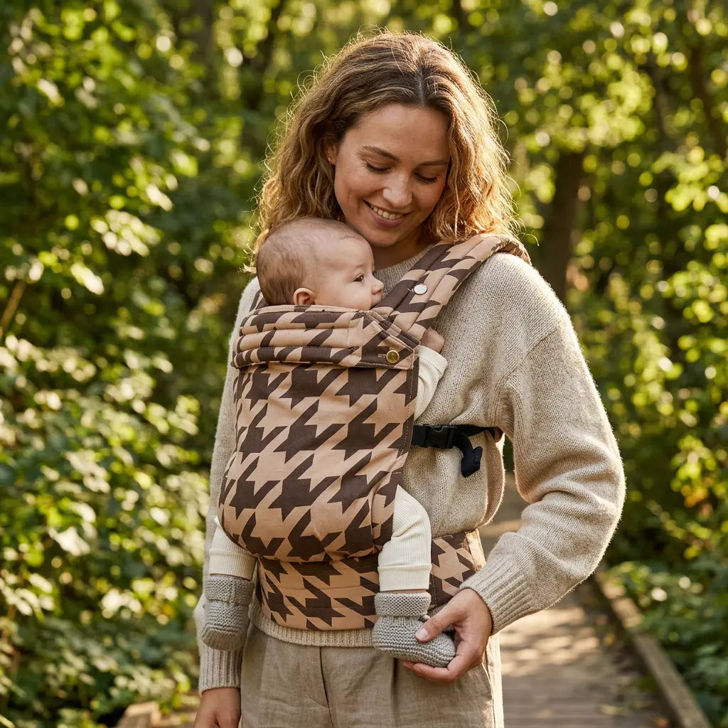 Needella Huggle Babytrage im Hahnentritt Muster Karamell – komfortabel und modern