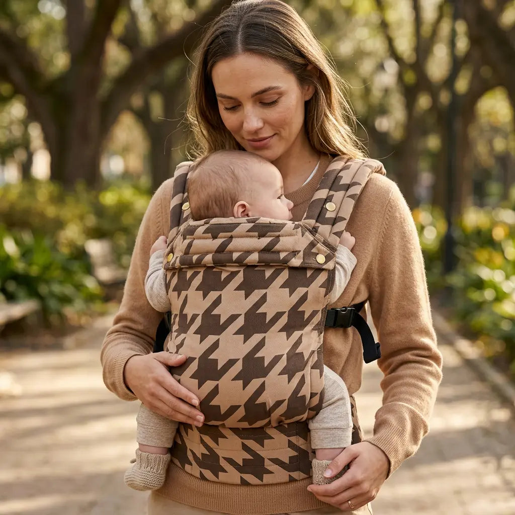 Needella Huggle Babytrage Hahnentritt Karamell – warme Farben und ergonomischer Sitz