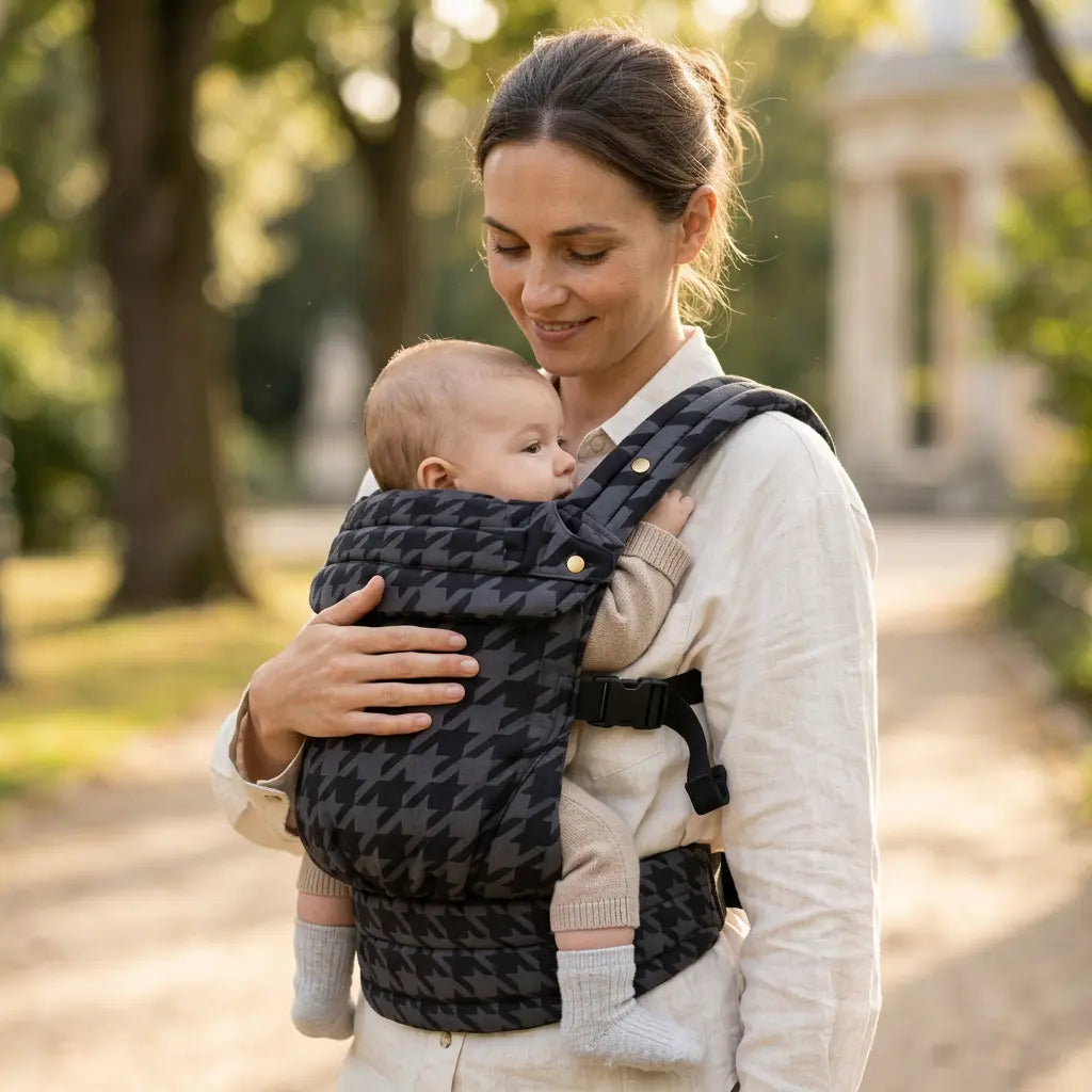 Needella Babytrage Huggle Hahnentritt Dunkelgrau – Mutter trägt ihr Baby ergonomisch im Alltag