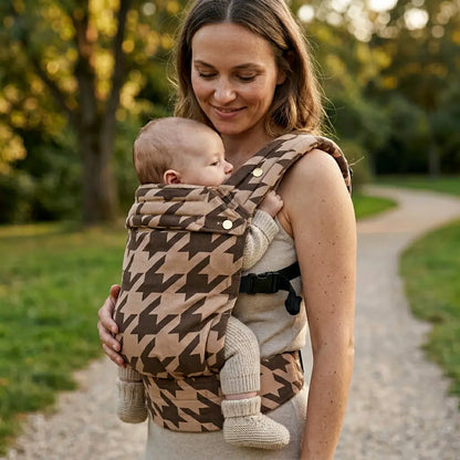 Needella Huggle Hahnentritt Karamell Baby Carrier – stilvoll und bequem für den Alltag