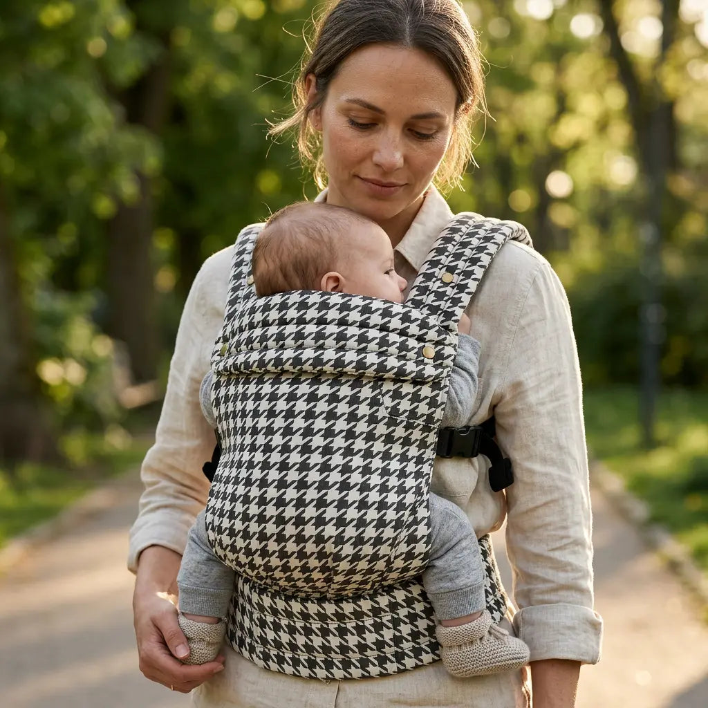 Needella Huggle Babytrage Hahnentritt Schwarz-Weiß – klassisches Muster und bequemer Sitz
