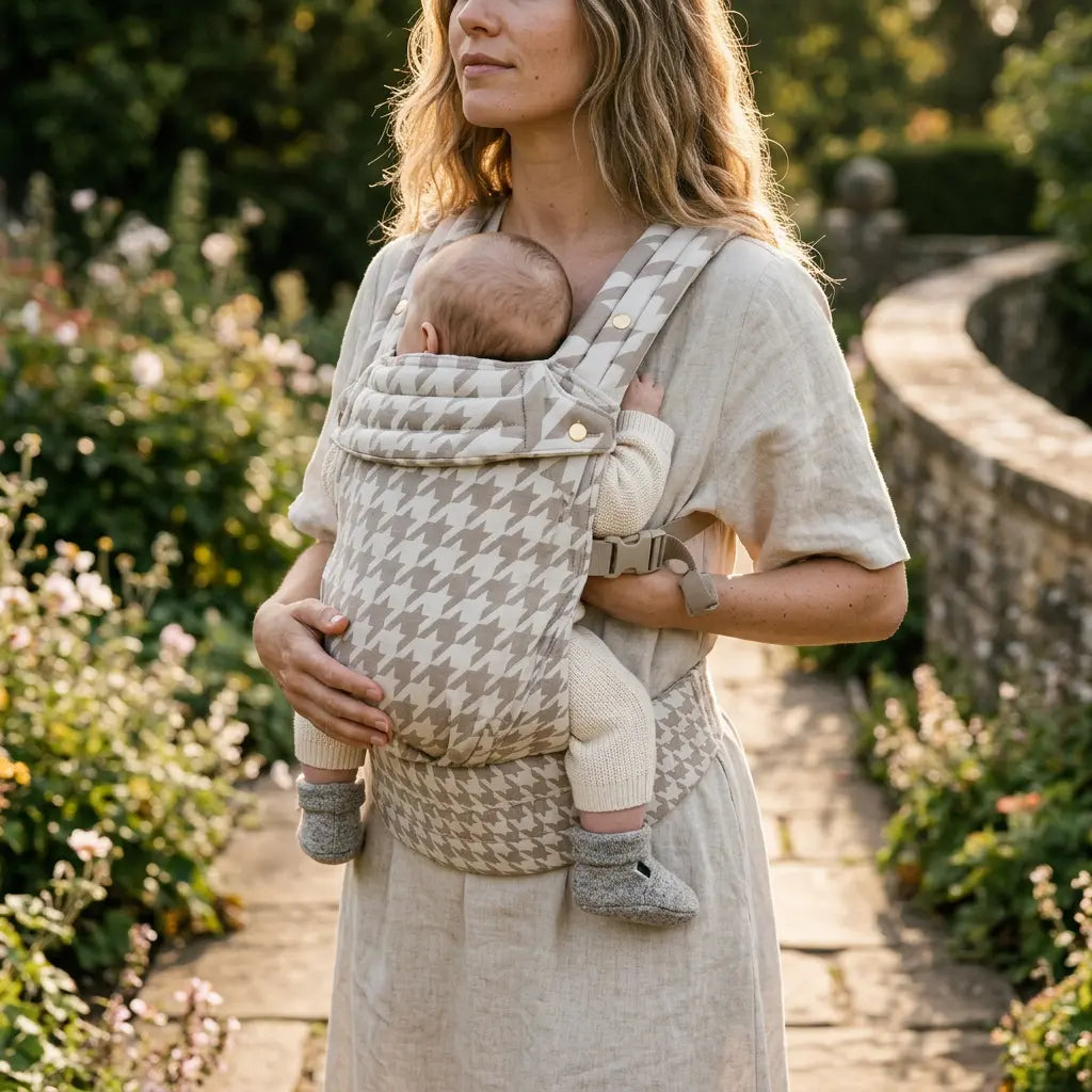 Needella Huggle Babytrage Hahnentritt Sand – dezentes Muster und hoher Komfort