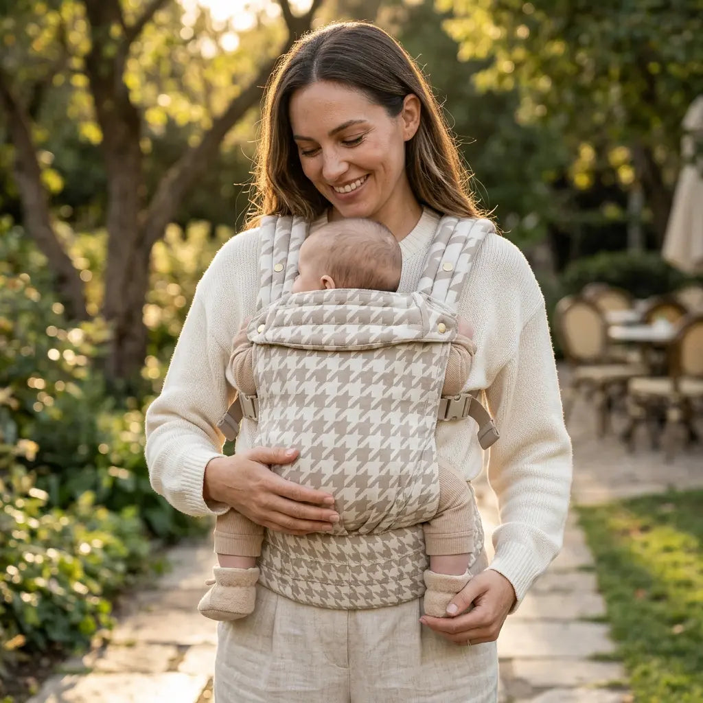 Needella Huggle Hahnentritt Sand Baby Carrier – modern und ergonomisch