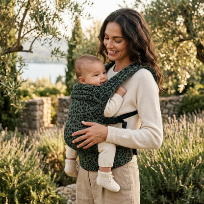Needella Huggle Babytrage Leopard Grün – auffälliges Design und ergonomischer Sitz