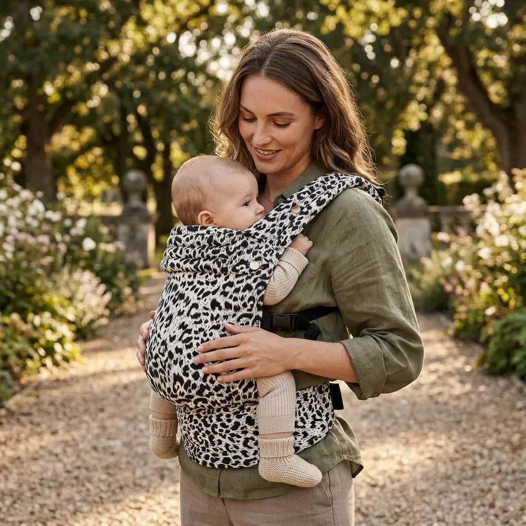 Needella Huggle Babytrage Leopard Weiß – ergonomische Trage für Alltag und unterwegs