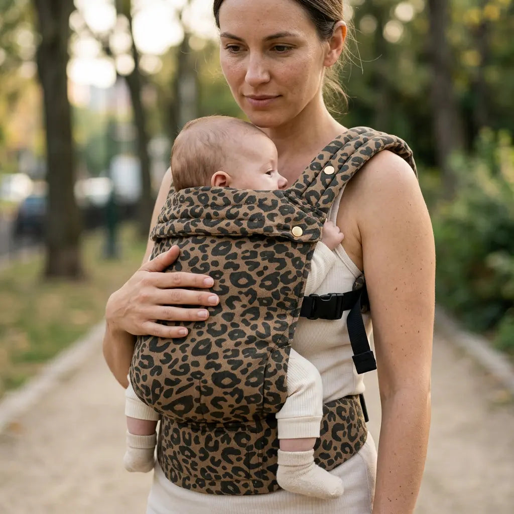 Needella Babytrage Huggle Leopard – Mutter trägt ihr Baby ergonomisch im Alltag