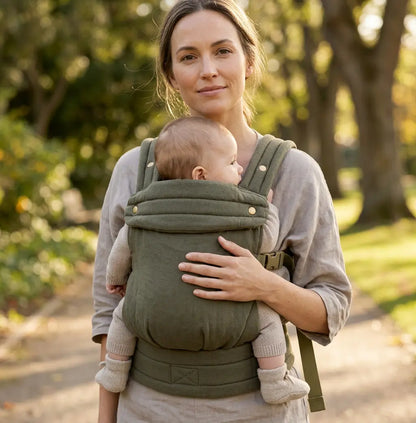 Needella Babytrage Huggle Olivgrün – Mutter trägt ihr Baby ergonomisch im Alltag