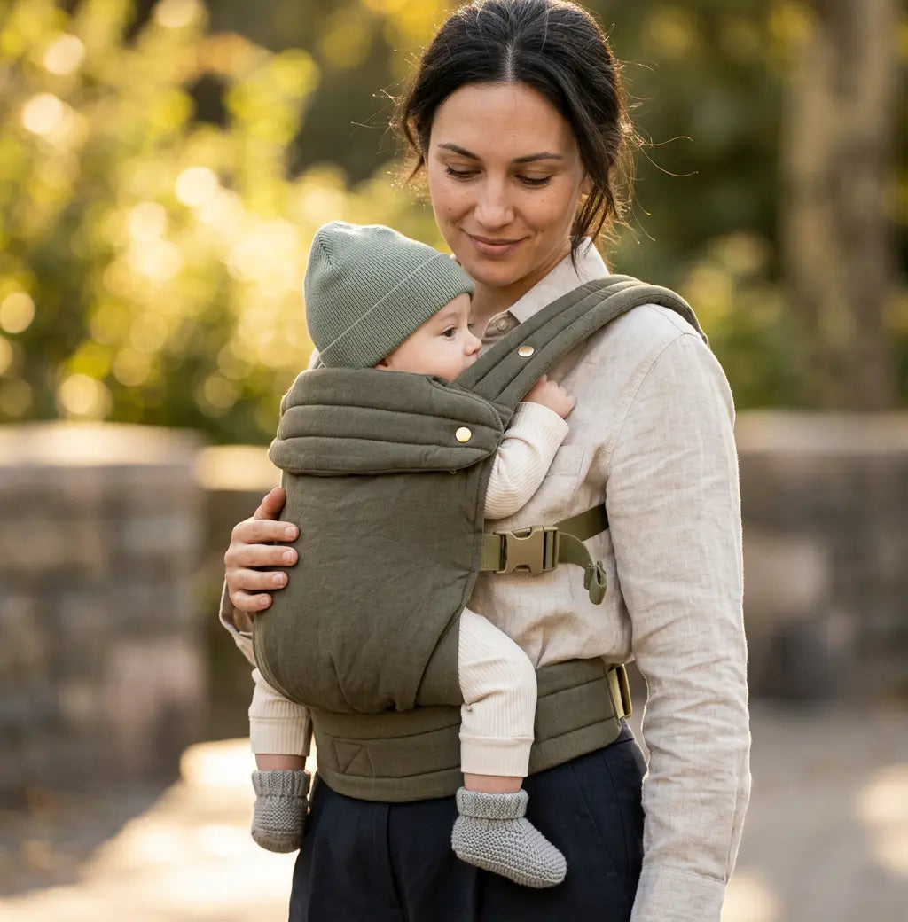 Needella Babytrage Huggle Olivgrün – komfortable Babytrage für Nähe und Bewegungsfreiheit