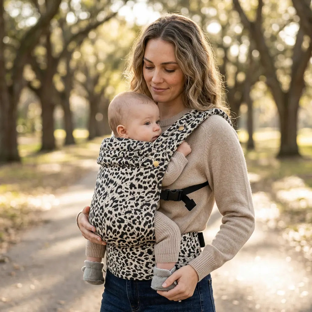 Needella Huggle Leopard Weiß Babytrage – modernes Design und optimaler Tragekomfort