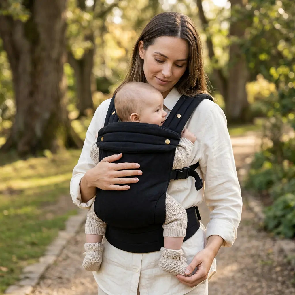 Needella Huggle schwarze Babytrage – minimalistisch und komfortabel für jeden Tag