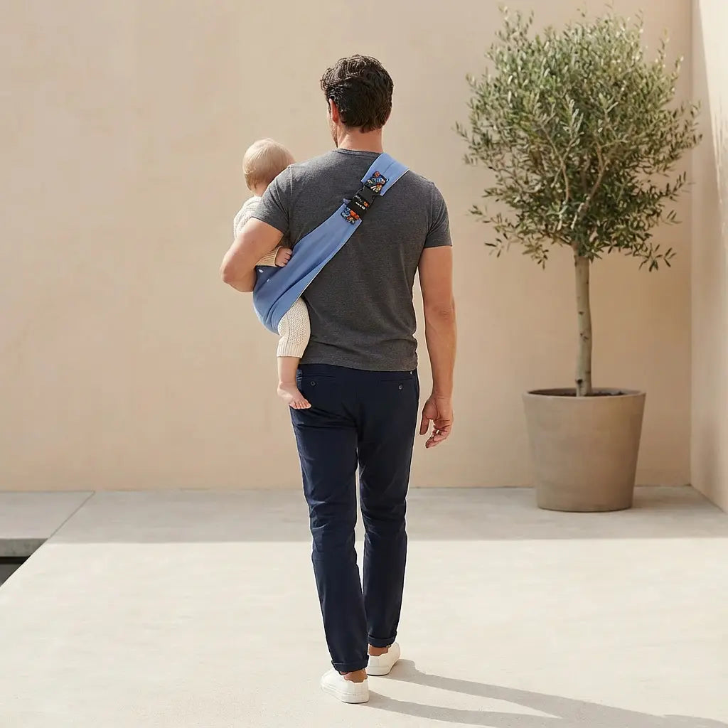 Needella CozyCarry Hüfttrage in Hellblau, Mutter trägt ihr Baby nah am Körper im Alltag