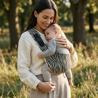 Needella CozyCarry Hüfttrage in Zebra, Mutter trägt ihr Baby nah am Körper im Alltag