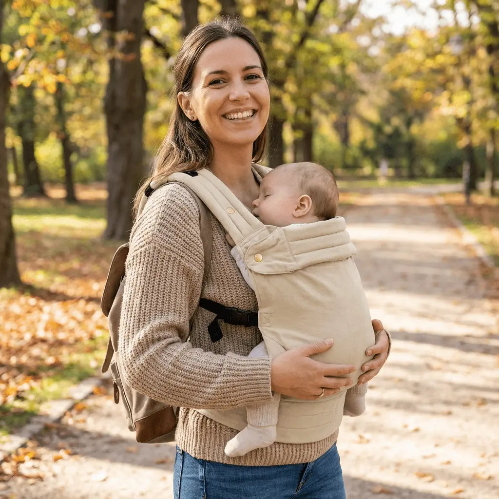 Needella Embrace Babytrage in Beige, Mutter trägt ihr Baby nah am Körper im Alltag