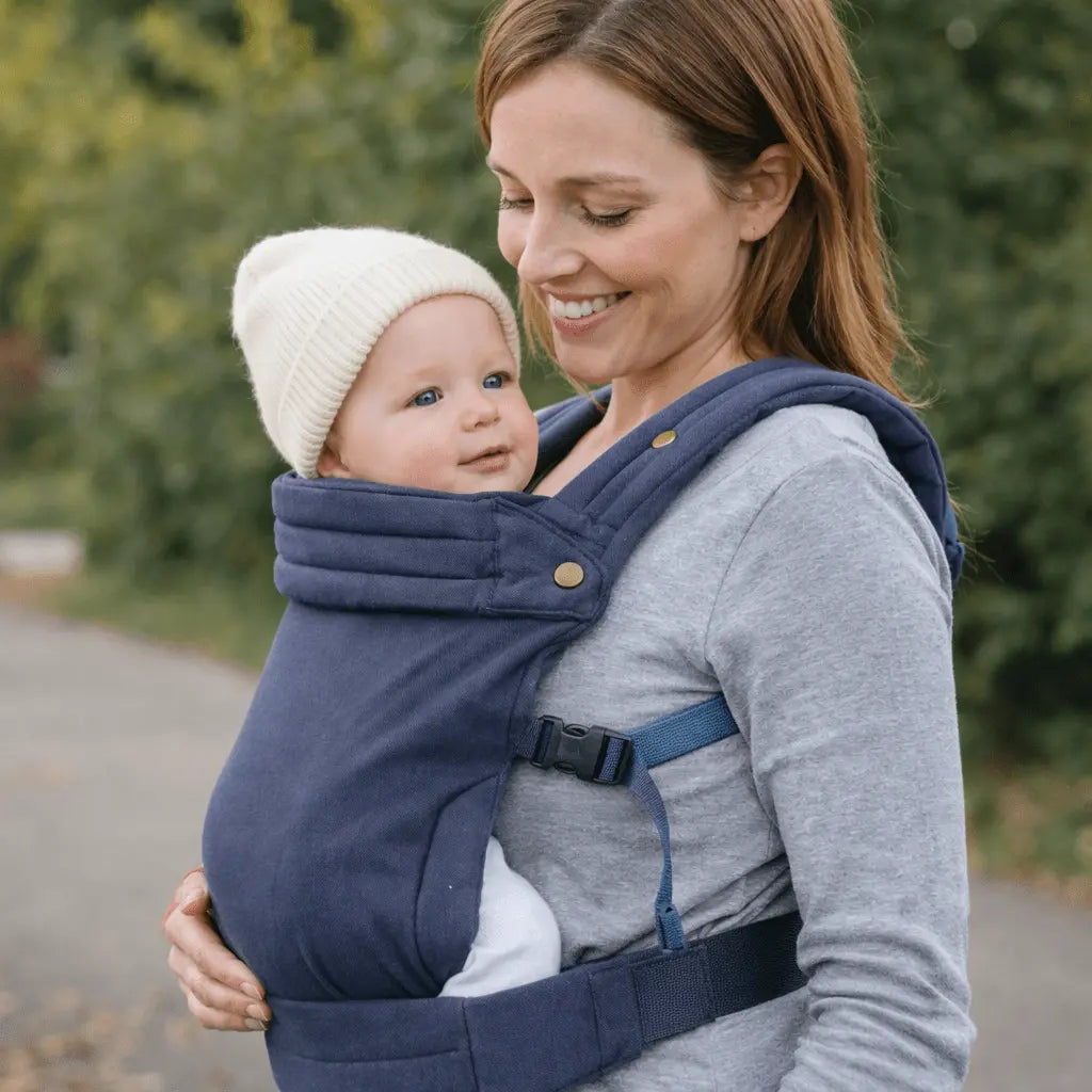 Needella Embrace Babytrage in Blau, Mutter trägt ihr Baby nah am Körper im Alltag