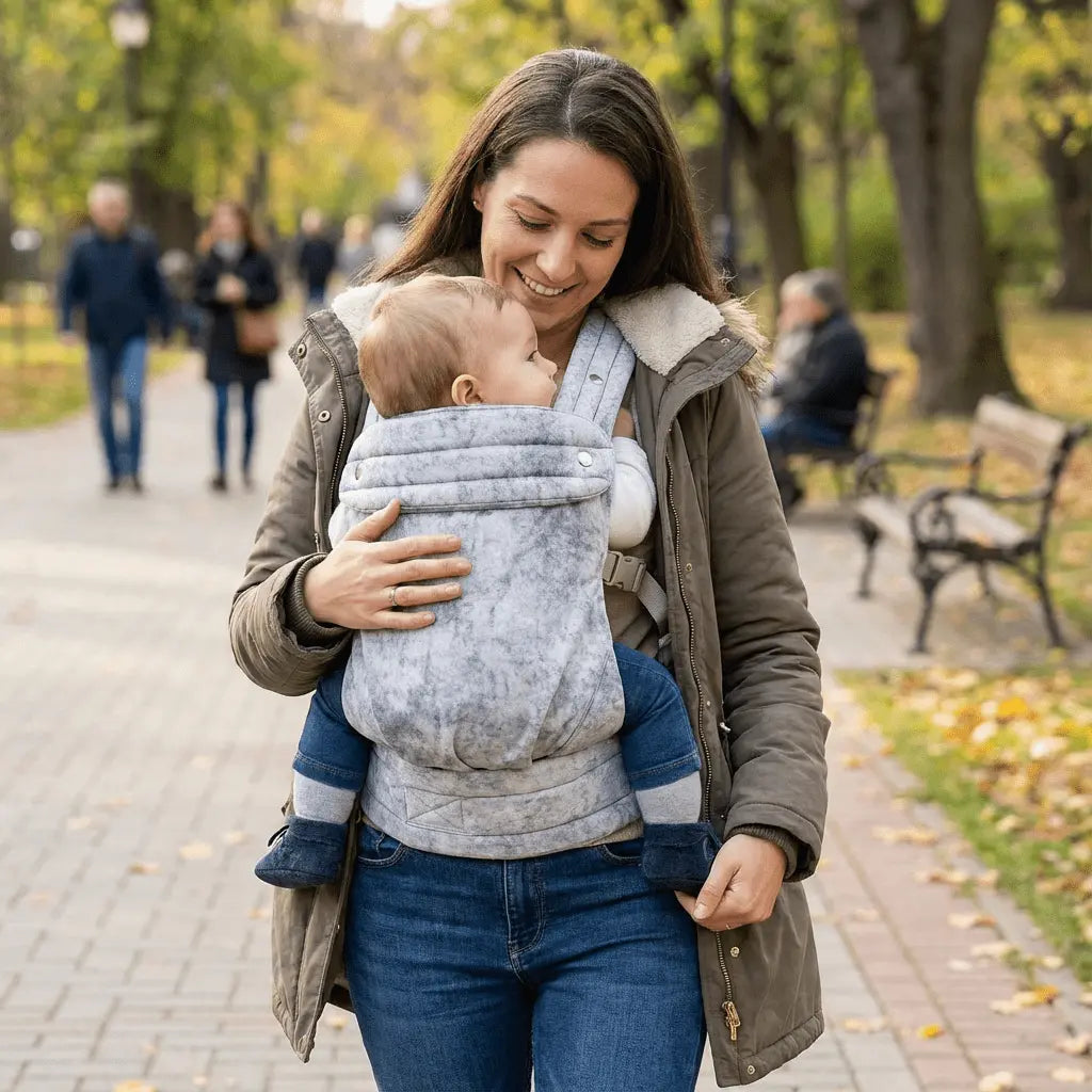 Needella Embrace Babytrage in meliert mit Grau-Schwarz-Weißen Verlauf, Mutter trägt ihr Baby nah am Körper im Alltag