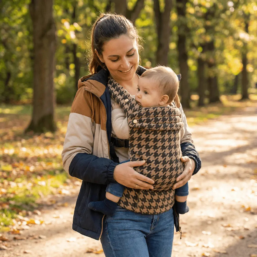 Needella Embrace Babytrage Im Hahnentrittmuster in Braun, Mutter trägt ihr Baby nah am Körper im Alltag