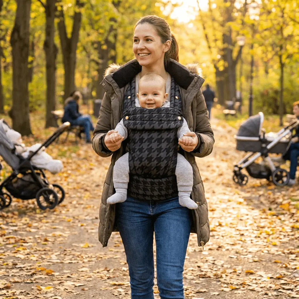 Needella Embrace Babytrage Im Hahnentrittmuster in Dunkelgrau, Mutter trägt ihr Baby nah am Körper im Alltag