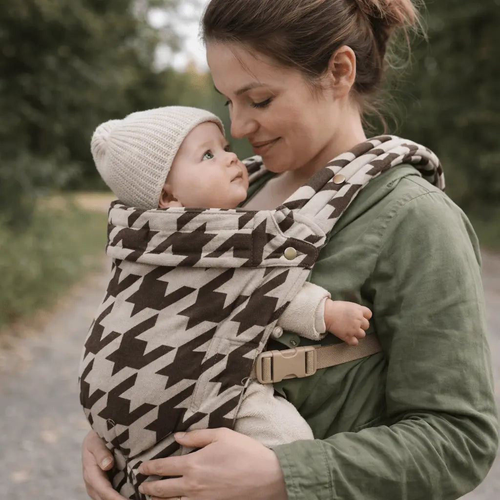 Needella Embrace Babytrage im Hahnentrittmuster in Kaffee, Mutter trägt ihr Baby nah am Körper im Alltag