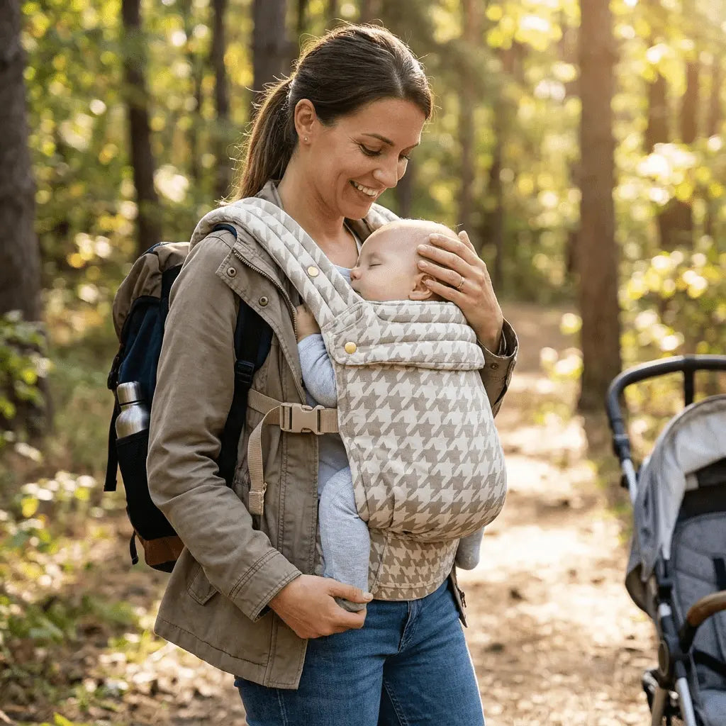 Needella Embrace Babytrage Im Hahnentrittmuster in Sand, Mutter trägt ihr Baby nah am Körper im Alltag