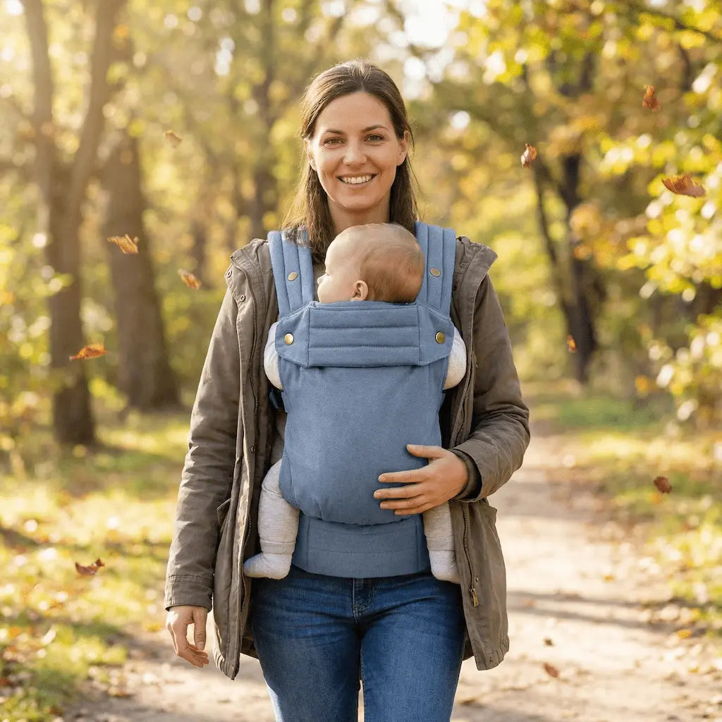Needella Embrace Babytrage in Helllblau, Mutter trägt ihr Baby nah am Körper im Alltag