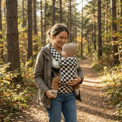 Needella Embrace Babytrage in kariert Beige, Mutter trägt ihr Baby nah am Körper im Alltag