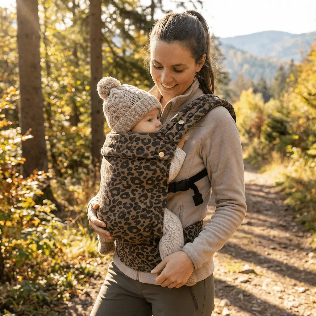 Needella Embrace Babytrage im Leopardmuster in Braun, Mutter trägt ihr Baby nah am Körper im Alltag