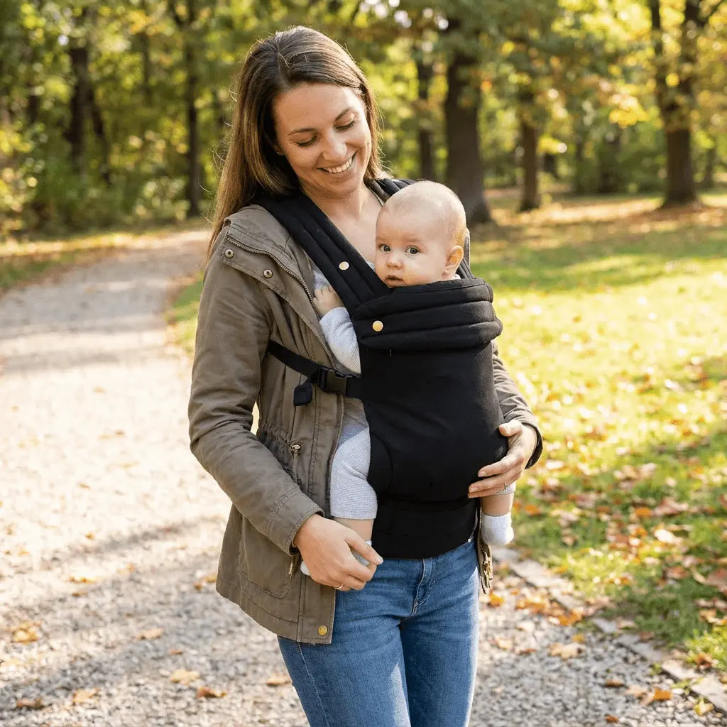 Needella Embrace Babytrage in Schwarz, Mutter trägt ihr Baby nah am Körper im Alltag