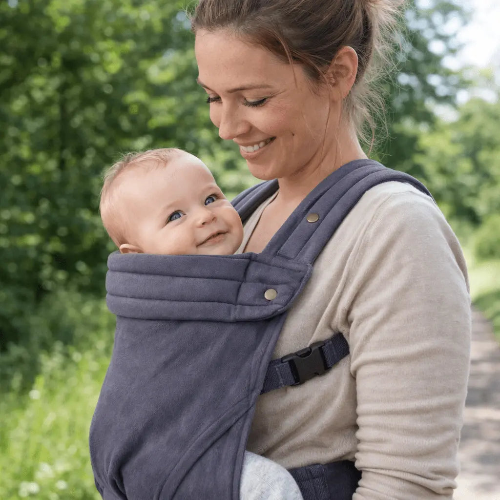 Needella Babytrage Huggle Dunkelblau – Mutter trägt ihr Baby ergonomisch im Alltag