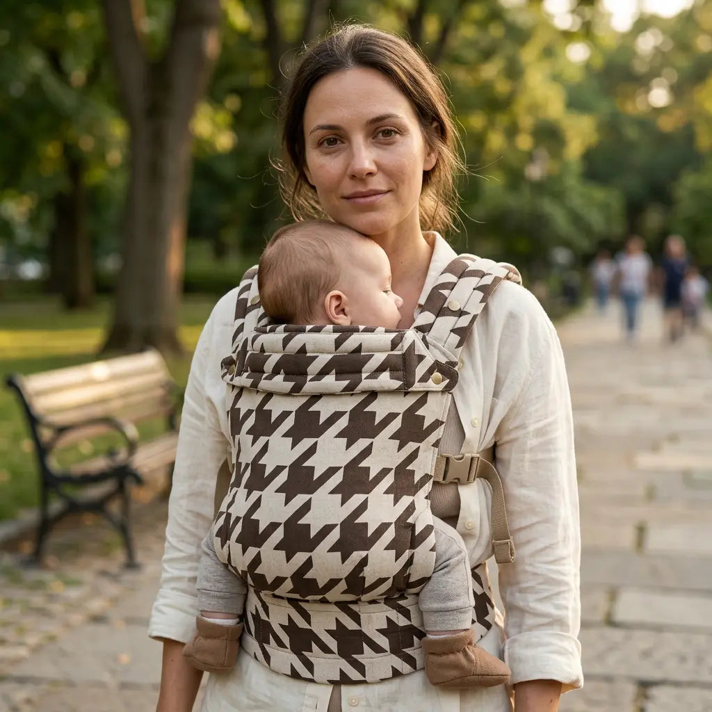 Needella Huggle Babytrage Hahnentritt Kaffee – warme Farbtöne und ergonomischer Komfort