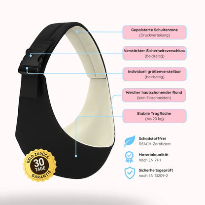 Technische Details der Needella CozyCarry Hüfttrage mit schadstofffreiem Material, Sicherheitsprüfung mit garantierter Materialqualität und 30 Tage Geld-zurück-Garantie
