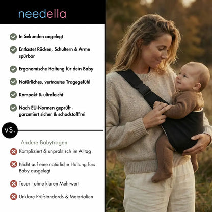 Vergleich der Needella CozyCarry Huefttrage mit anderen Babytragen im Alltag