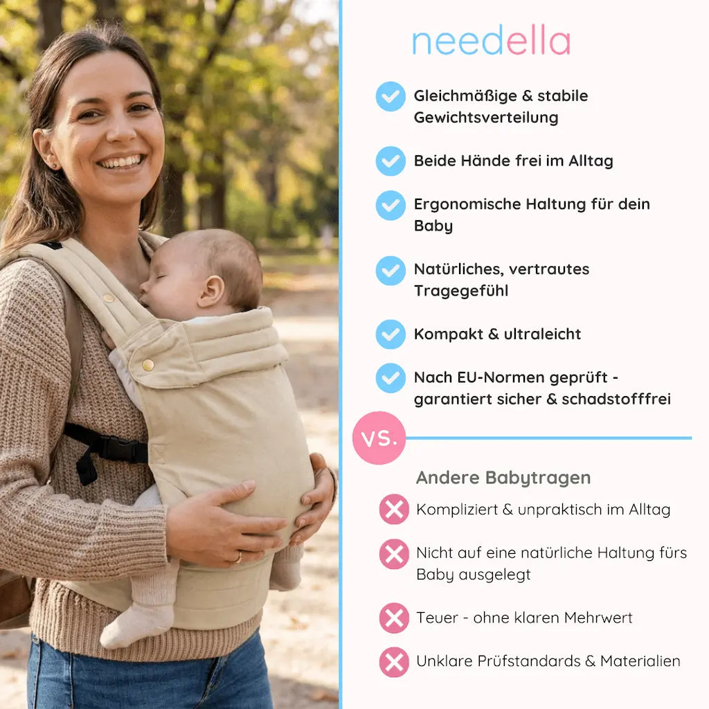 Vergleich der Needella Embrace Babytrage mit anderen Babytragen im Alltag