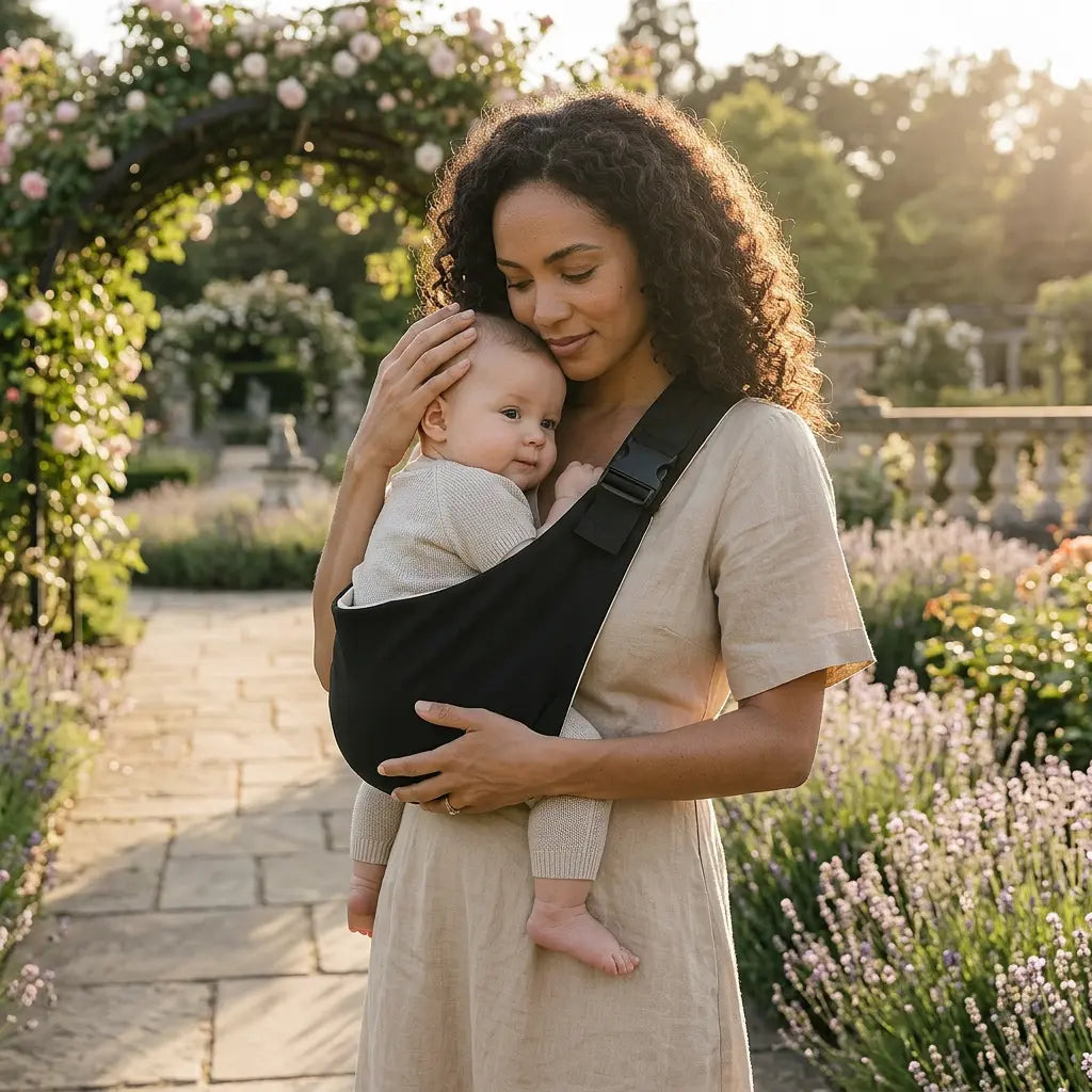 Baby wird mit schwarzer CozyCarry Hüfttrage getragen – schnell angelegt und alltagstauglich