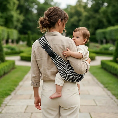 Needella Hüfttrage im Zebra-Design von hinten – ergonomische Babytrage für den Alltag